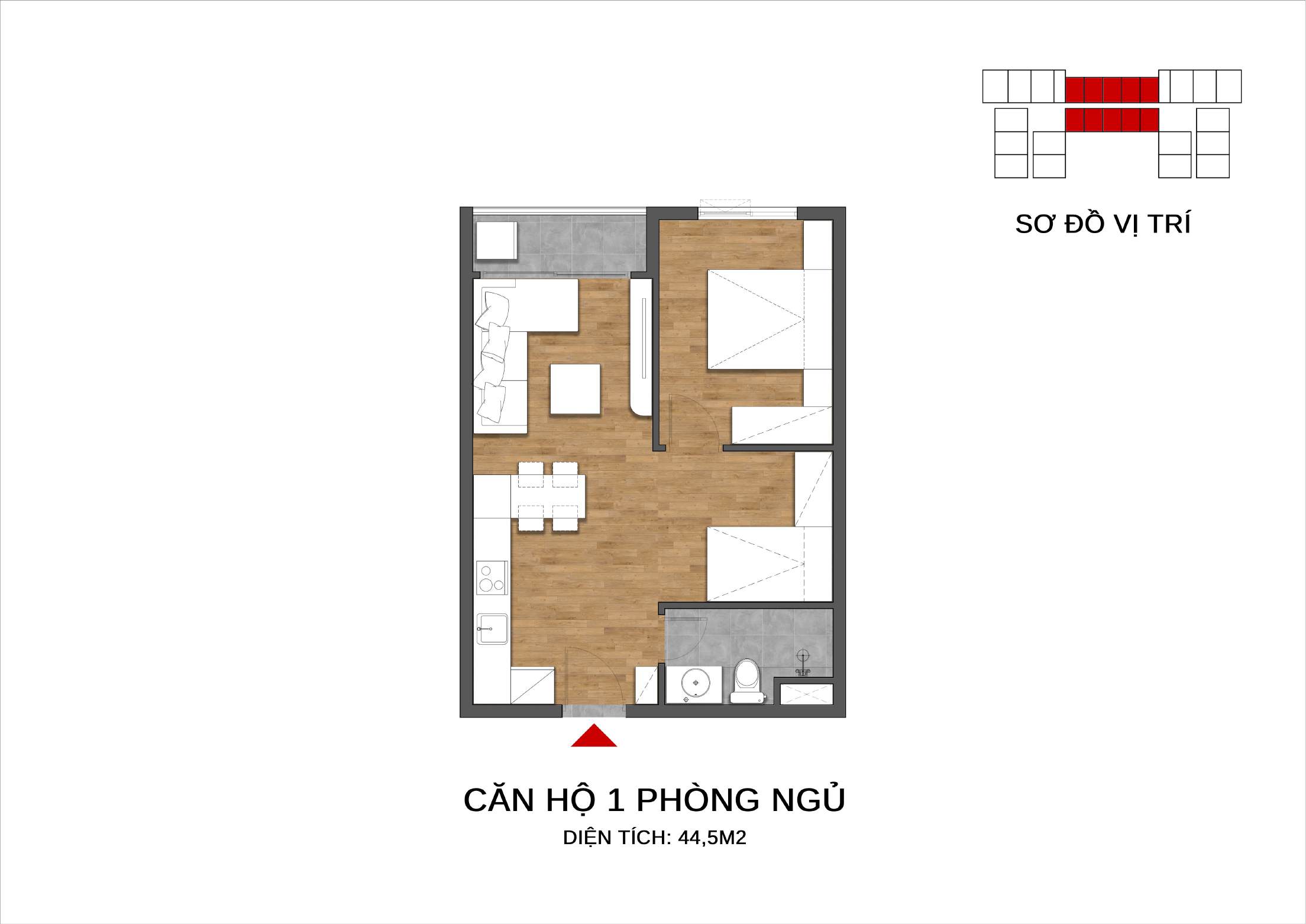 Mặt bằng căn 1 phòng ngủ 44,5m² Sedona Việt Trì