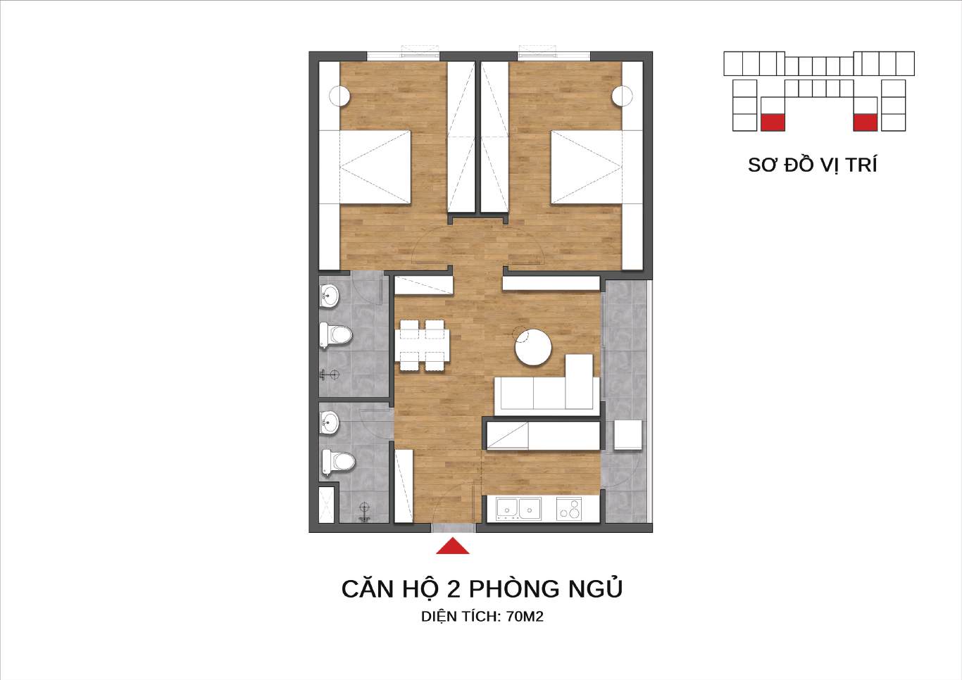 Mặt bằng căn 2 phòng ngủ 70m² Sedona Việt Trì