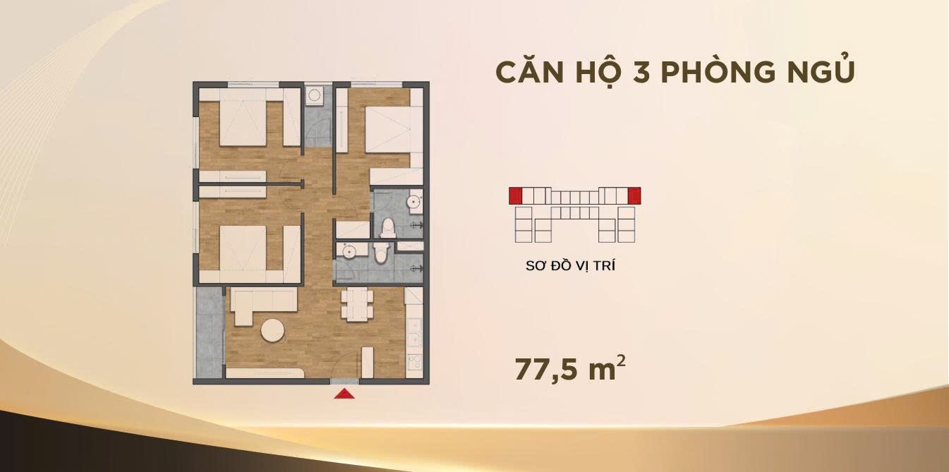 Mặt bằng căn hộ 3 phòng ngủ 77,5m² Sedona Việt Trì